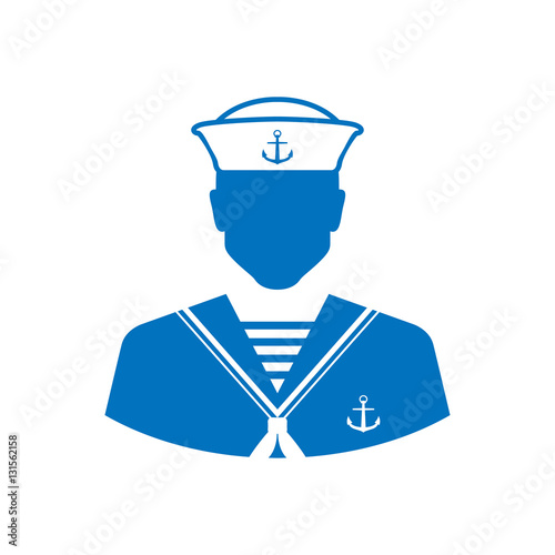 Icono plano silueta marinero azul en fondo blanco