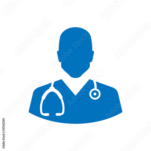 Icono plano silueta medico azul en fondo blanco