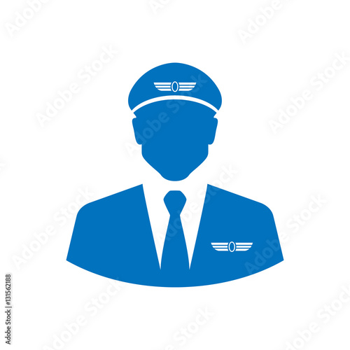 Icono plano silueta piloto aviacion azul en fondo blanco