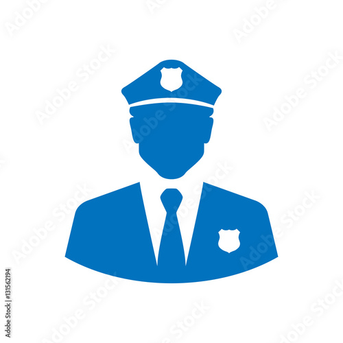 Icono plano silueta policia azul en fondo blanco