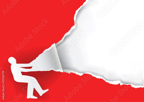 Man ripping red paper background.
Paper silhouette of  man ripping red paper background with place for your text or image. Vector available.
