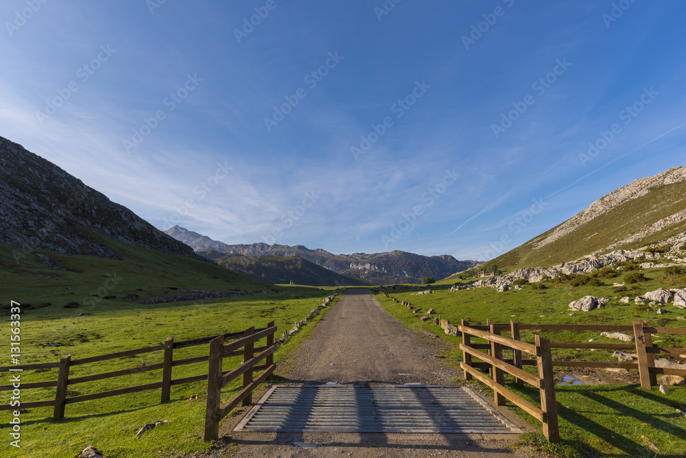 Camino rural el los Lagos de Covadonga (Asturias, España).