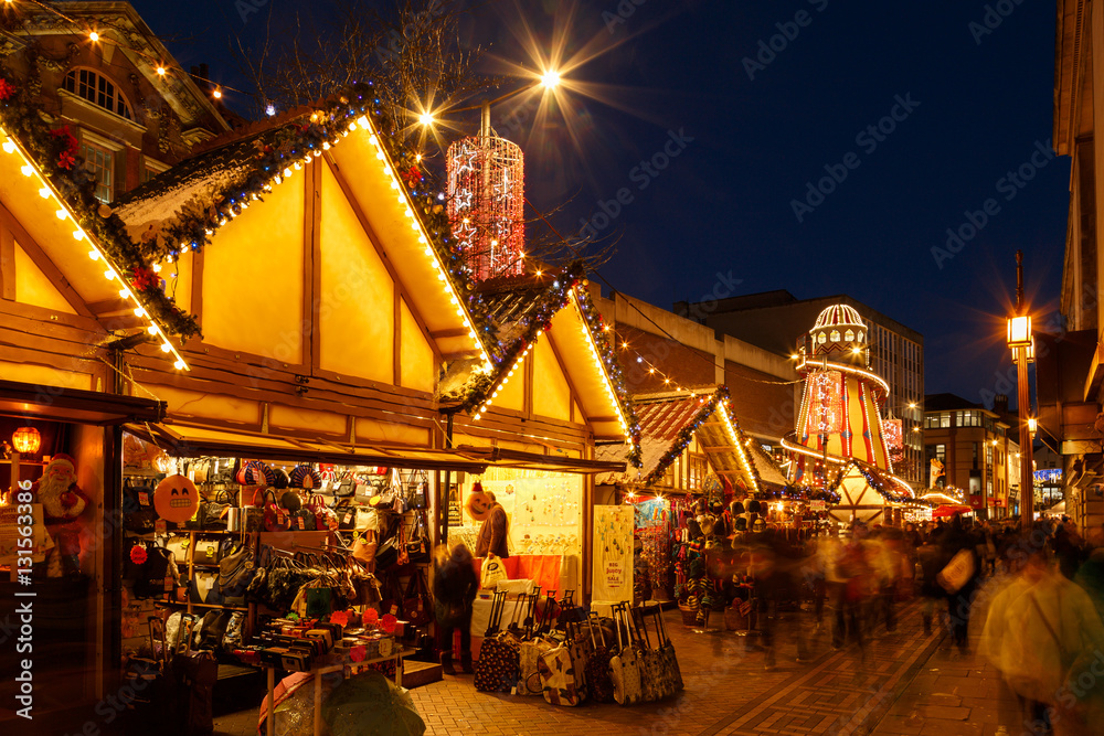 Market stalls and helter skelter at Nottingham Christmas market.