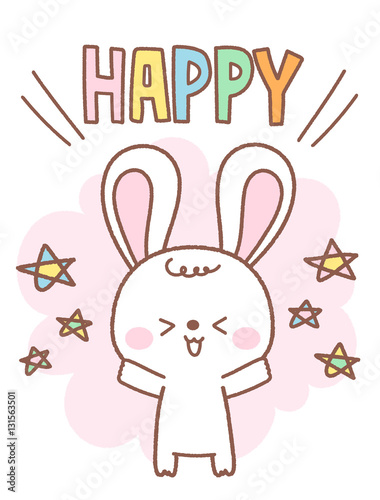 ほのぼのかわいい手書き風うさぎのキャラクター　喜ぶポーズとHAPPYの文字　ベクター
