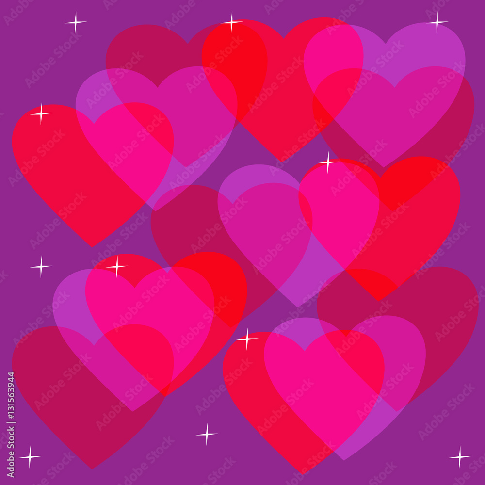 Red hearts on a violet background, a romantic Valentine's Day card