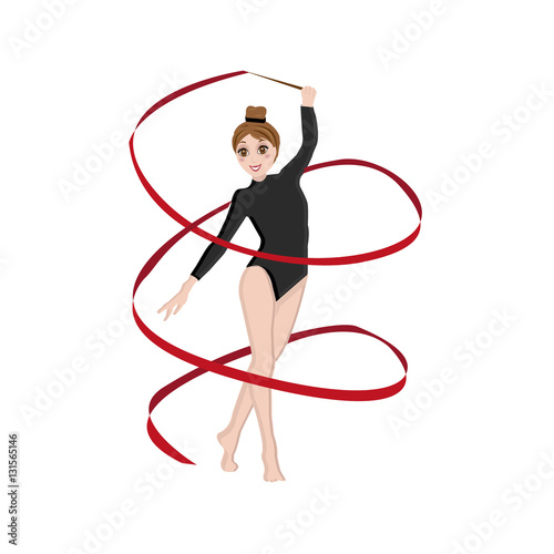 gymnast brunette girl dances with red tape