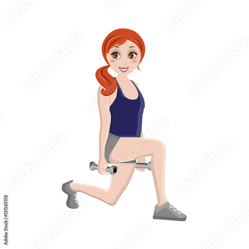 red hair young girl make an exercises with dumbbells