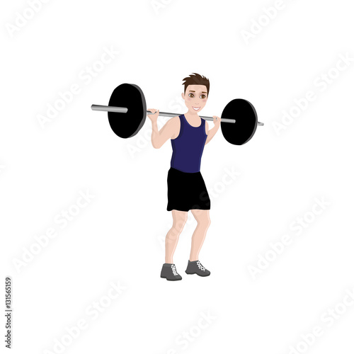 brunette boy make an exercises with barbell