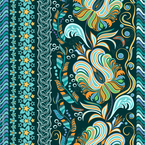 Hand drawing striped wallpaper. Paisley vintage floral motif ethnic seamless background. Printable colors abstract lace pattern. Editable colors without losing seamlessly.  EPS-8 vector buta texture