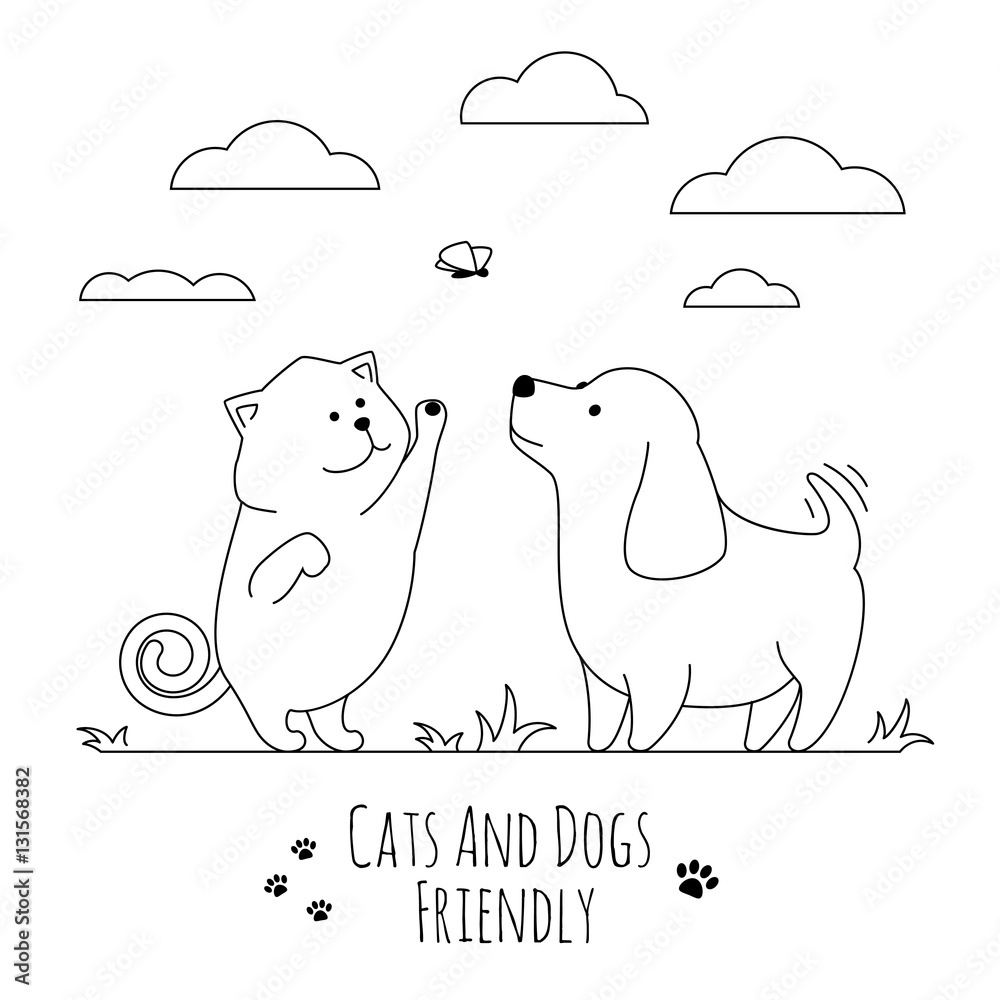 Pets friends. Dog and cat playing together doodle vector illustration ...