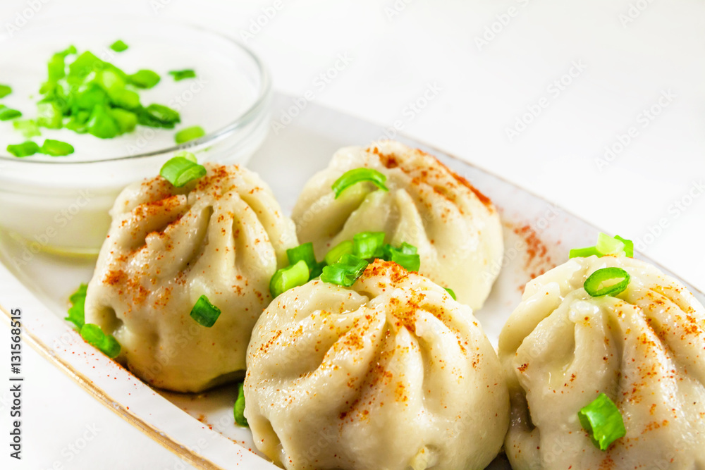 Georgian dumplings Khinkali with meat and green onion Georgian dumplings Khinkali with meat and green onion