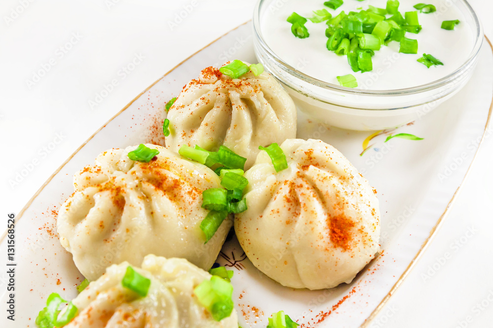 Georgian dumplings Khinkali with meat and green onion Georgian dumplings Khinkali with meat and green onion