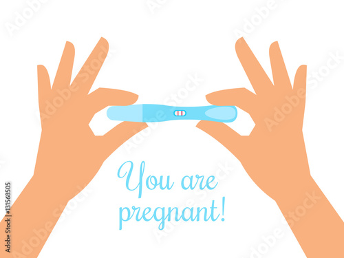Pregnancy test with happy woman hands. Pregnant medical results vector illustration