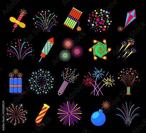 Pyrotechnics and fireworks vector illustration, petards fire crackers signs