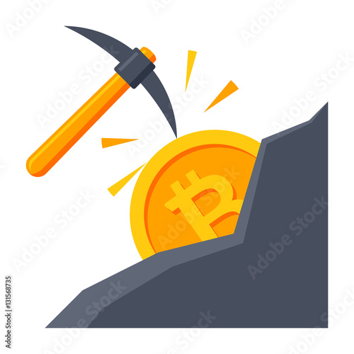 Cryptocurrency mining concept with pickaxe and bitcoin in mountain