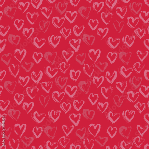 Abstract seamless heart pattern. Ink illustration. Pink and red romantic background