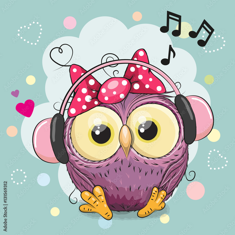 Fototapeta premium Owl Girl with headphones and hearts