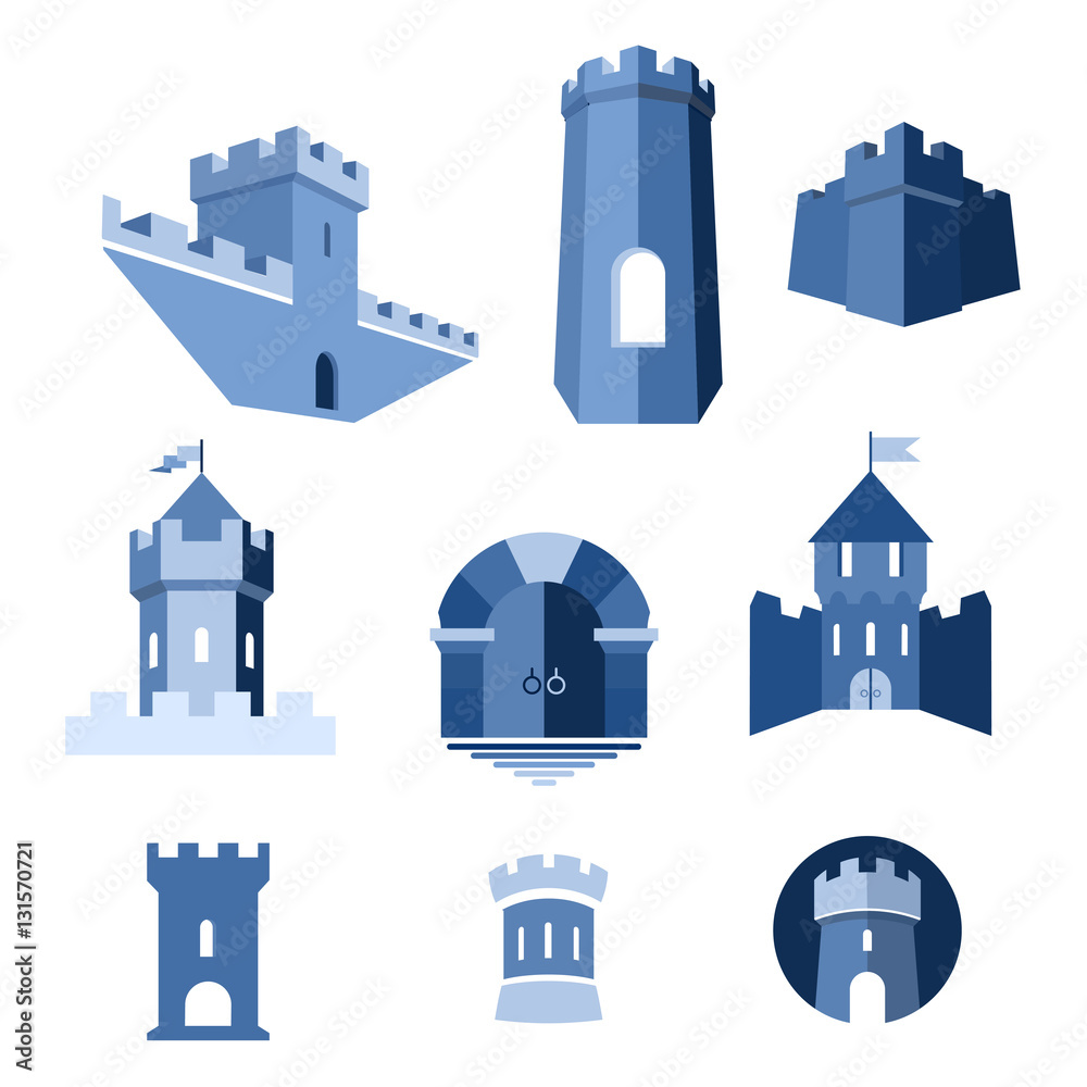 Castle tower, turret, kingdom fortress and castle gate vector icon