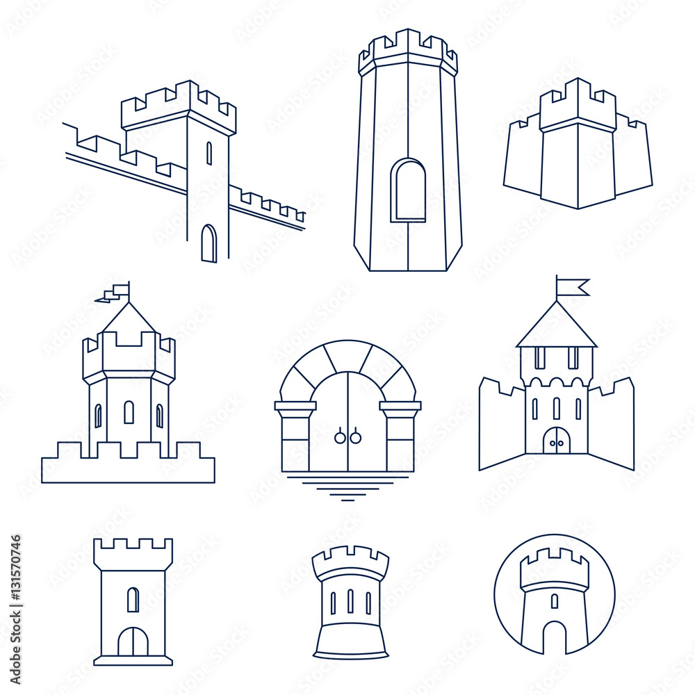 Castle tower, turret, kingdom fortress and castle gate vector line art icon set