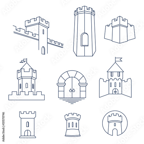 Tablou canvas Castle tower, turret, kingdom fortress and castle gate vector line art icon set
