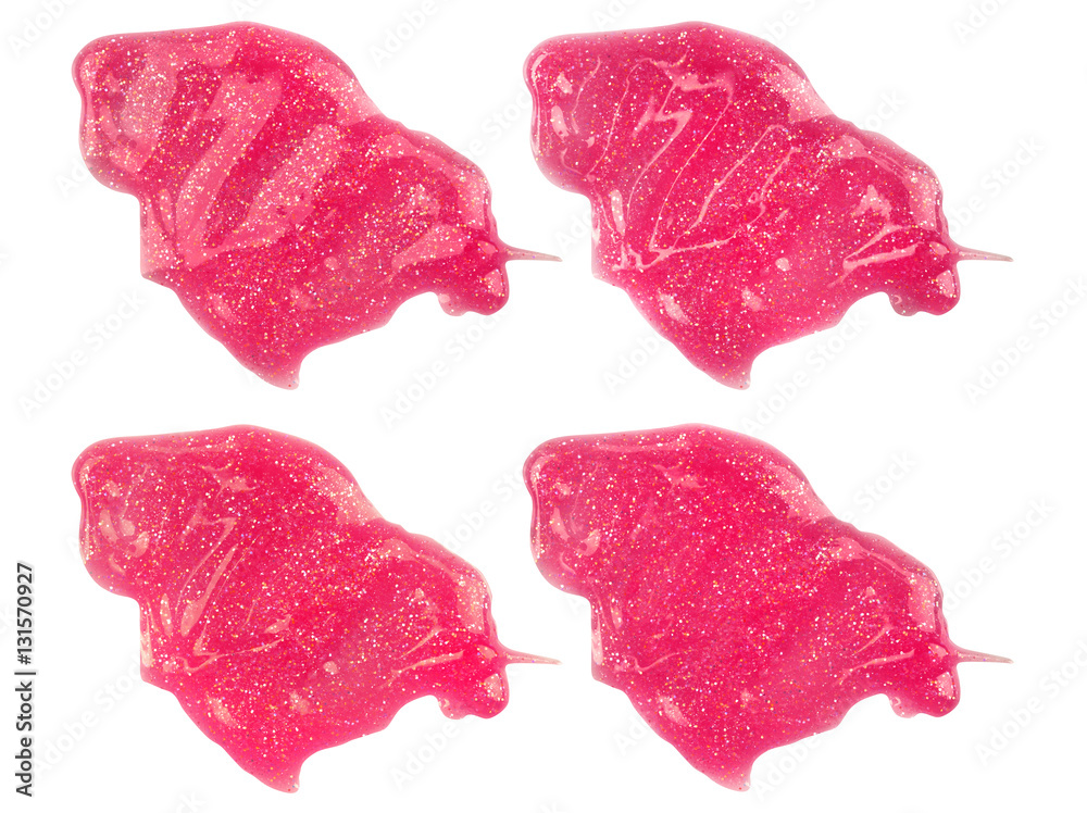 Four dark cherry red smeared lip gloss samples with different lighting and reflections, isolated on white background, clipping paths included Four dark cherry red smeared lip gloss samples with different lighting and reflections, isolated on white background, clipping paths included