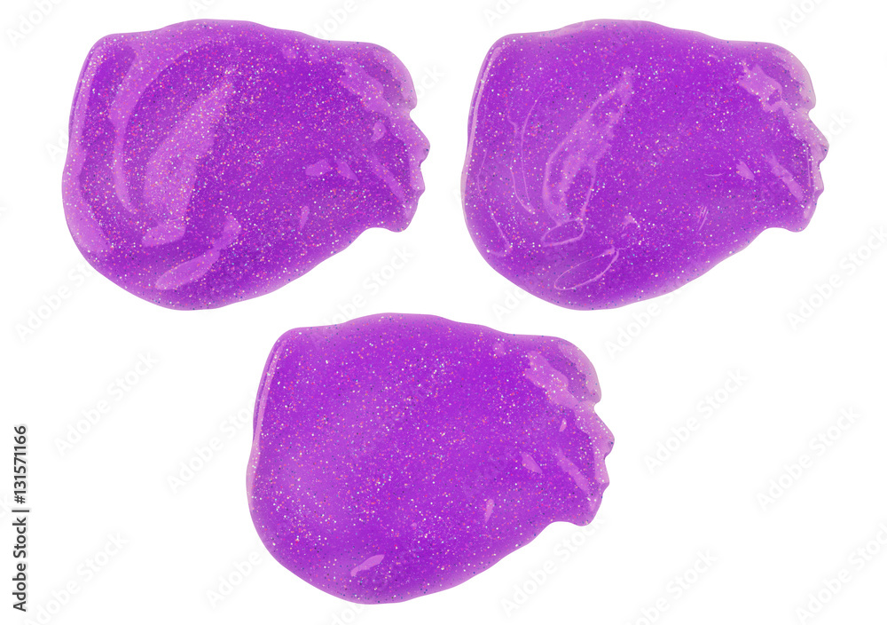 Three purple smeared lip gloss samples with different lighting and reflections, isolated on white background, clipping paths included Three purple smeared lip gloss samples with different lighting and reflections, isolated on white background, clipping paths included