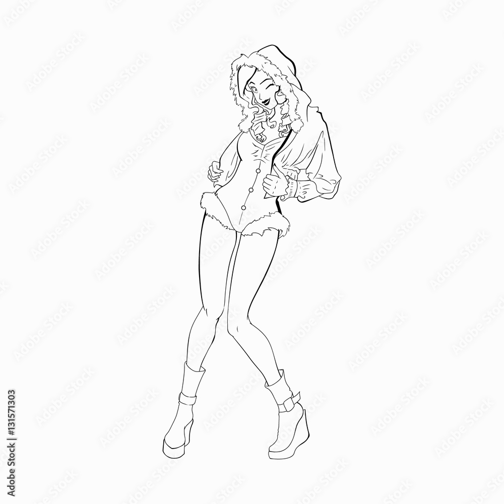 Vector cartoon of girl. Black outline for coloring book. Vector contour of illustrations for christmas