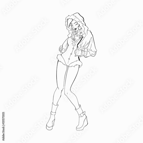 Vector cartoon of girl. Black outline for coloring book. Vector contour of illustrations for christmas