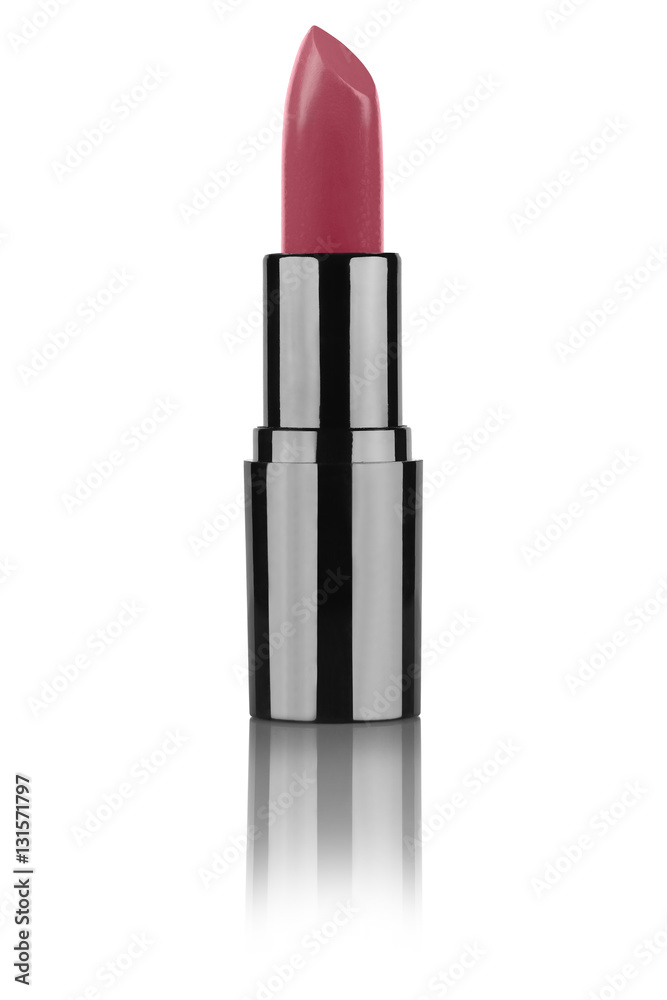 Pale red color open lipstick in black metallic tube reflected on the surface, isolated on white background, clipping path included Pale red color open lipstick in black metallic tube reflected on the surface, isolated on white background, clipping path included