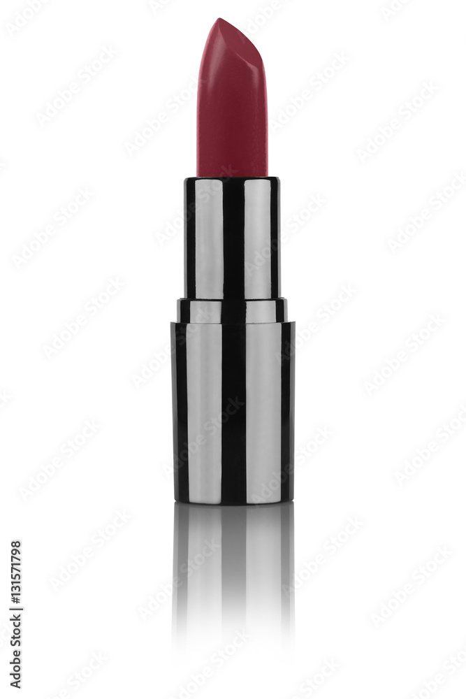 Wine red color open lipstick in black metallic tube reflected on the surface, isolated on white background, clipping path included Wine red color open lipstick in black metallic tube reflected on the surface, isolated on white background, clipping path included