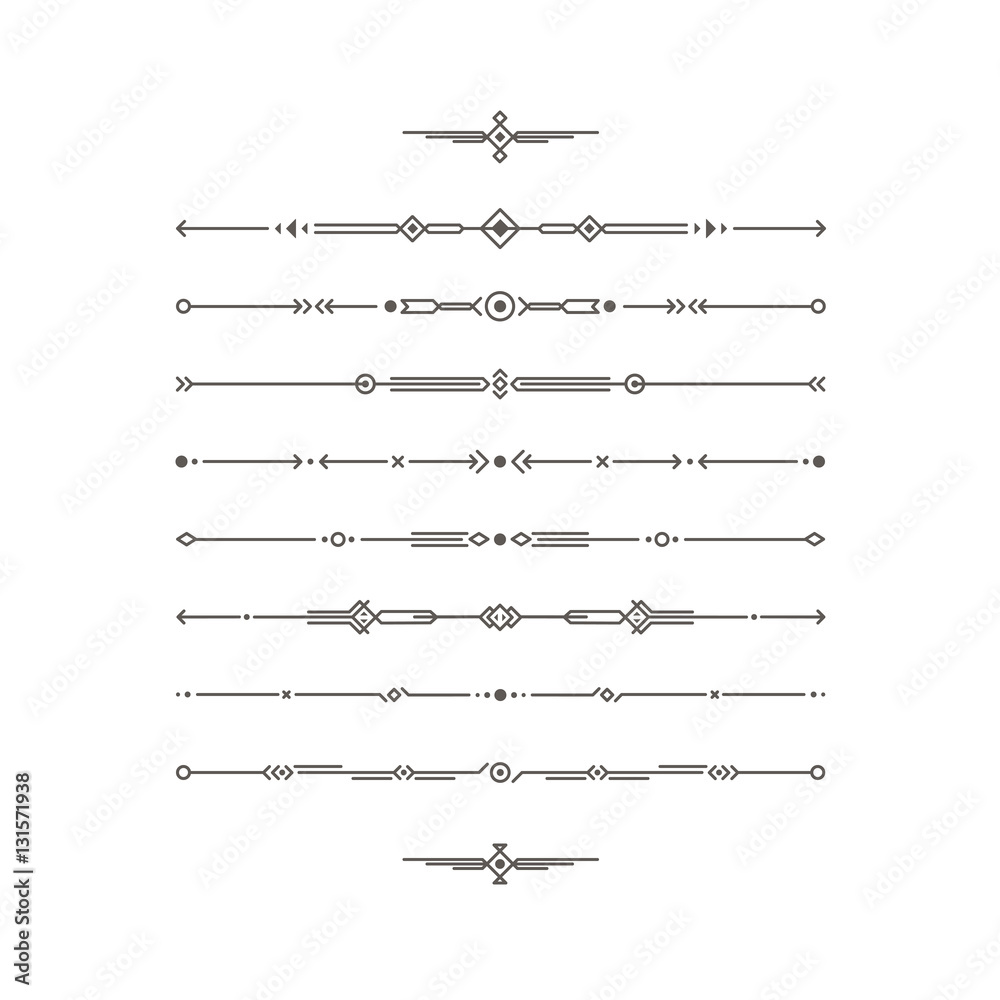 Dividers vector set. Geometric vintage horizontal isolated line border and text design element. Collection of page rules. Separation text selection. Minimalism. Royal book border collection.