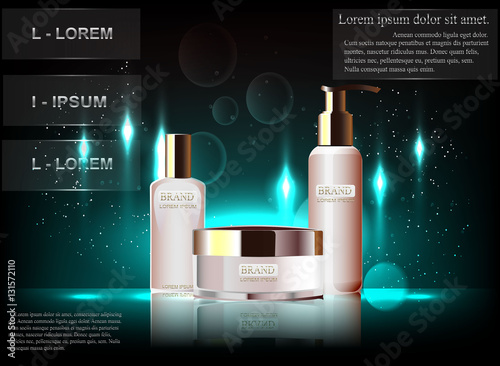 Exquisite cosmetic ads template, blank  mockup with sparkling bokeh background and dazzling effect,  spray bottle, tube. 3D illustration.