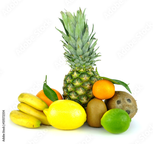 Tropical fruits mix isolated on white background