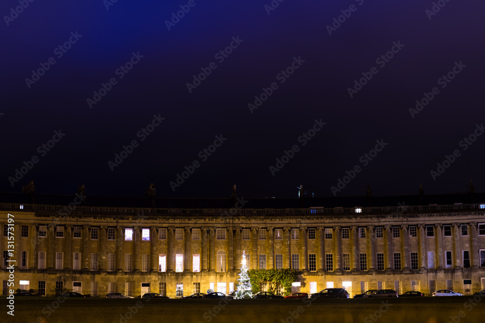 Royal Crescent in Bath with Christmas Tree. A section of the historic and beautiful building in UNESCO World Heritage City in Somerset, England, UK