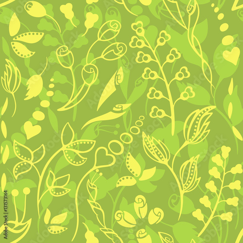 Vector herbal seamless pattern. Background with flowers, leaves and grass. Suitable for wallpaper, textiles, post card.