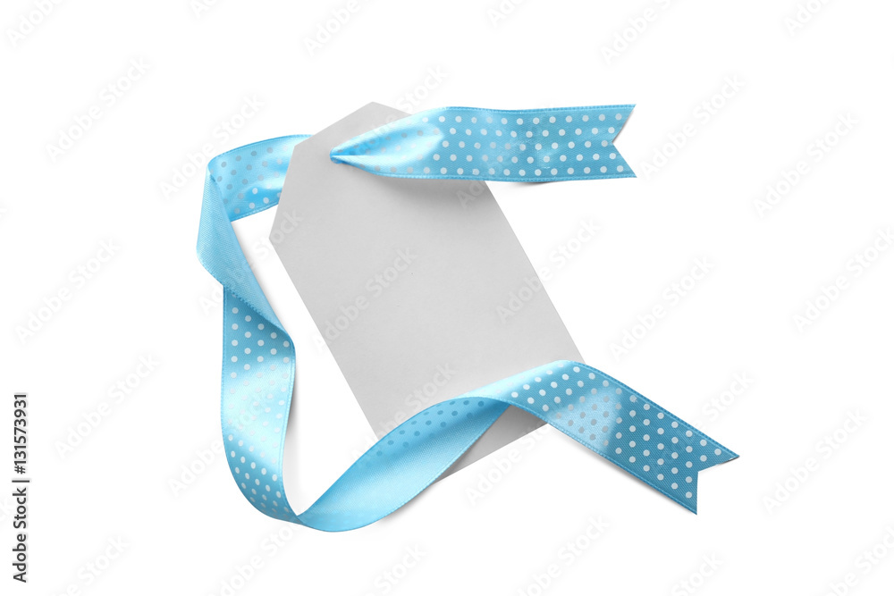 Paper with beautiful blue ribbon on white background Stock Photo