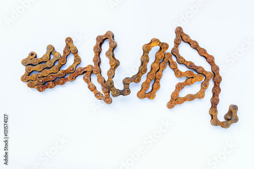 Old bike chain with  rusty  on white background.