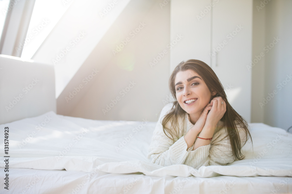 woman have fine on her bedroom. Young lady enjoying her morning and wake up. woman have fine on her bedroom. Young lady enjoying her morning and wake up.