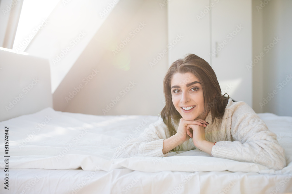 woman have fine on her bedroom. Young lady enjoying her morning and wake up. woman have fine on her bedroom. Young lady enjoying her morning and wake up.