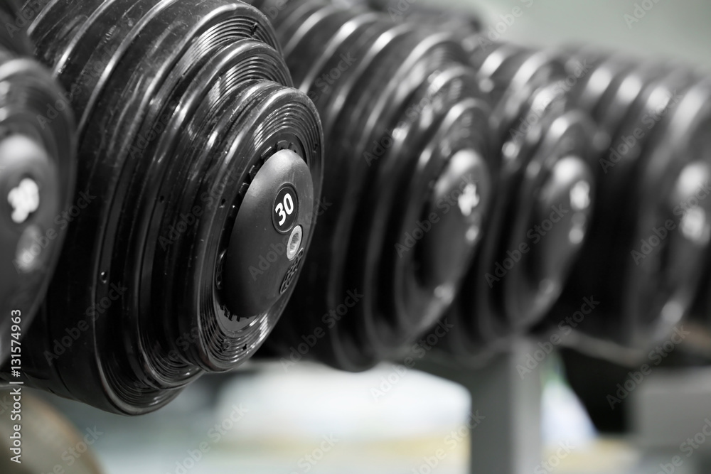 Dumbbells at the gym, close up Dumbbells at the gym, close up