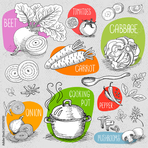Set of chalk drawn on a blackboard food, spices.