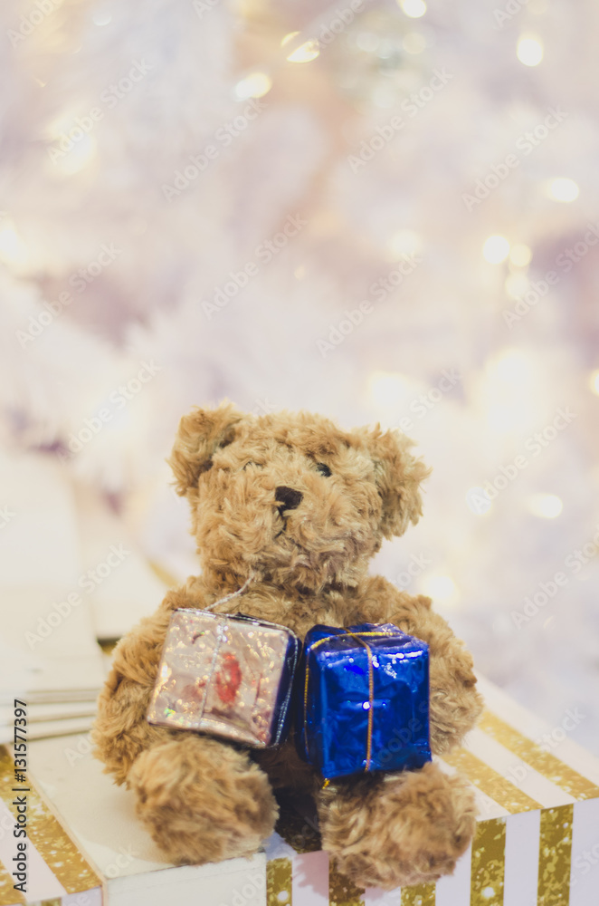 Teddy bear with gifts and ornaments christmas and new year on bo Teddy bear with gifts and ornaments christmas and new year on bo