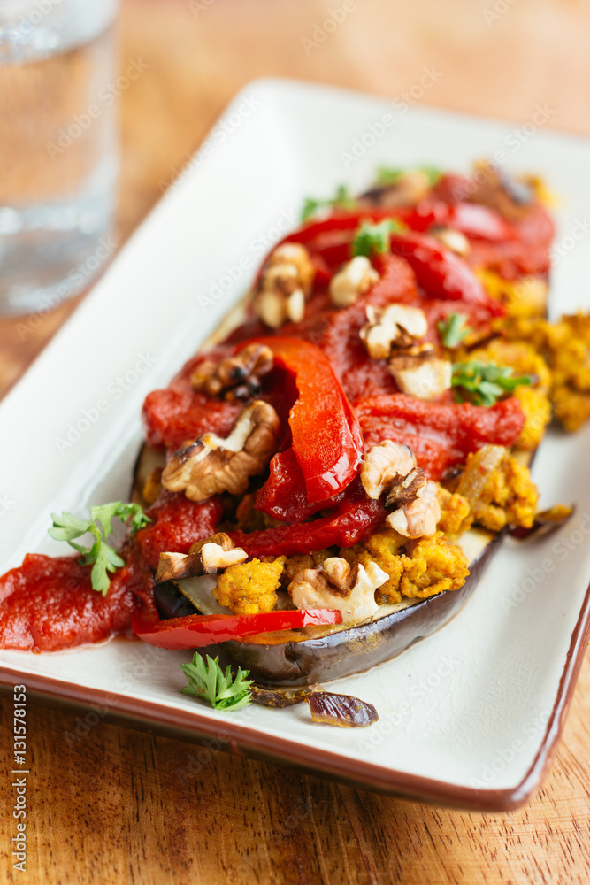 Eggplant Cutlets with Red Pepper Sauce and TVP