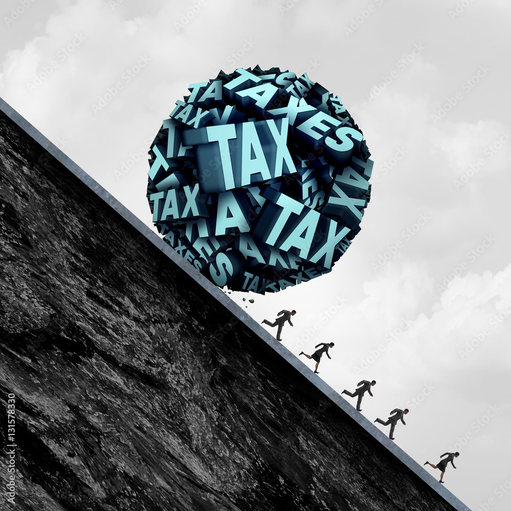 Φωτογραφία Tax stress concept and taxation stress symbol as a group of text shaped as a ball rolling down a hill towards people as a metaphor for accounting and bookkeeping panic with 3D illustration elements