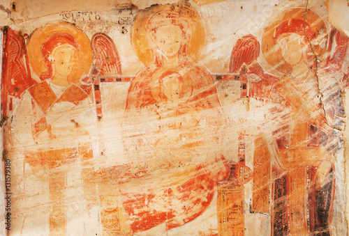 Mother of God and angels on ancient fresco of the 6th century David Gareja cave monastery, Georgia