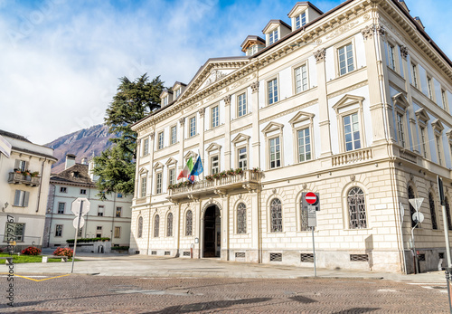 View of palace hosting the Town hall. Historic buildings in Domodossola  Verbano Cusio Ossola  Piedmont  Italy