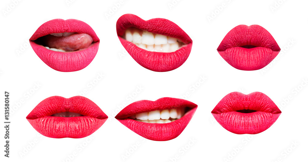 Obraz premium Woman's lip set. Girl mouth close up with red lipstick makeup expressing different emotions. Mouth with teeth, smile, tongue isolated on white background. Collection in different expressions