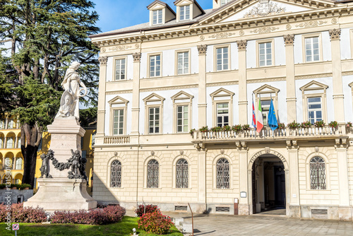 View of palace hosting the Town hall. Historic buildings in Domodossola, Verbano Cusio Ossola, Piedmont, Italy