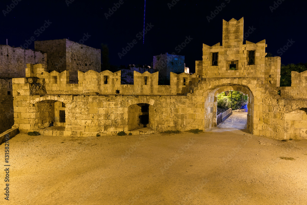 walls of the fortress  Rhodes night  the summer. Greece