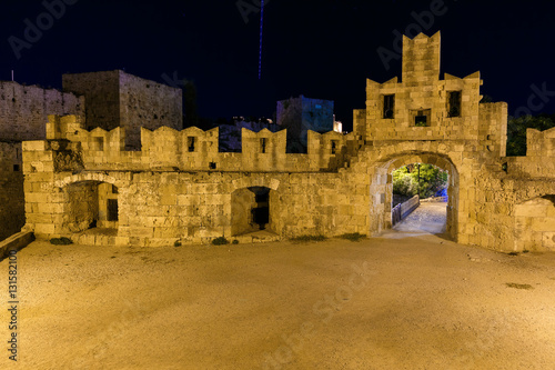 walls of the fortress Rhodes night the summer. Greece